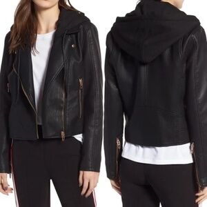 BlankNYC Black Vegan Faux Leather Hooded Moto Jacket Biker Coat Sz L